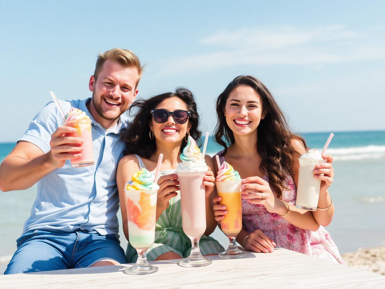Friends sharing colorful coastal treats